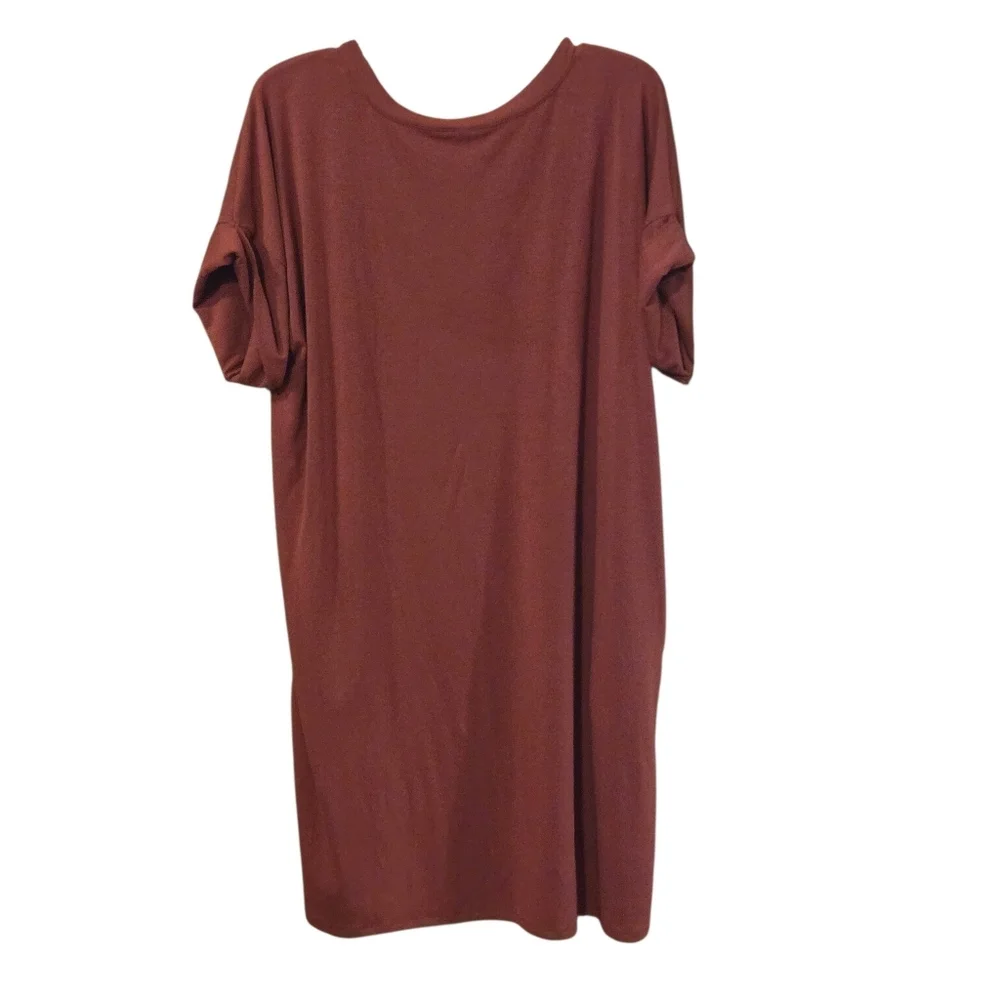 Zenana Premium 1X Rust Rolled Short Sleeve V-neck Tshirt Tunic Knee Length Dress - Picture 3 of 12
